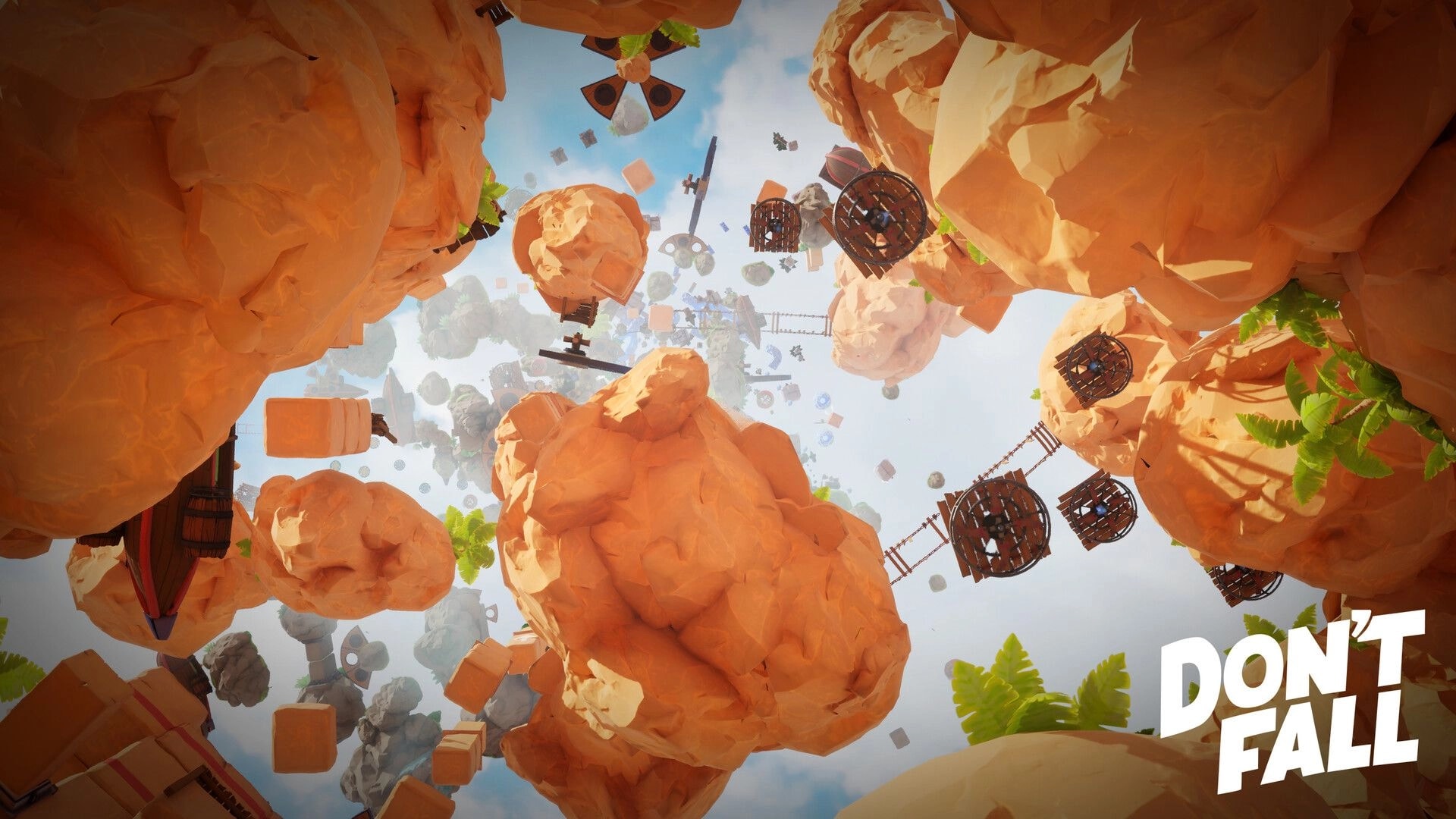 Don’t Fall: Looking up at floating canyon rocks, rope bridges, and spinning cage platforms in the sky.