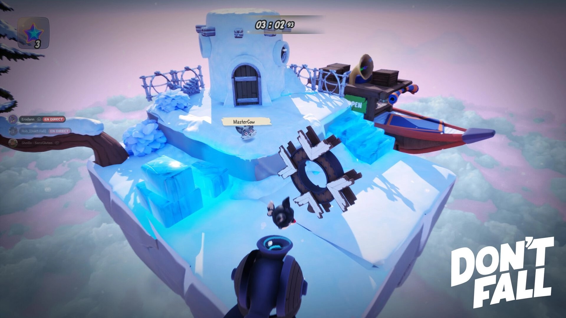 Don’t Fall: MasterCow climbs icy floating island with windmill hazard, timer and live chat UI visible.