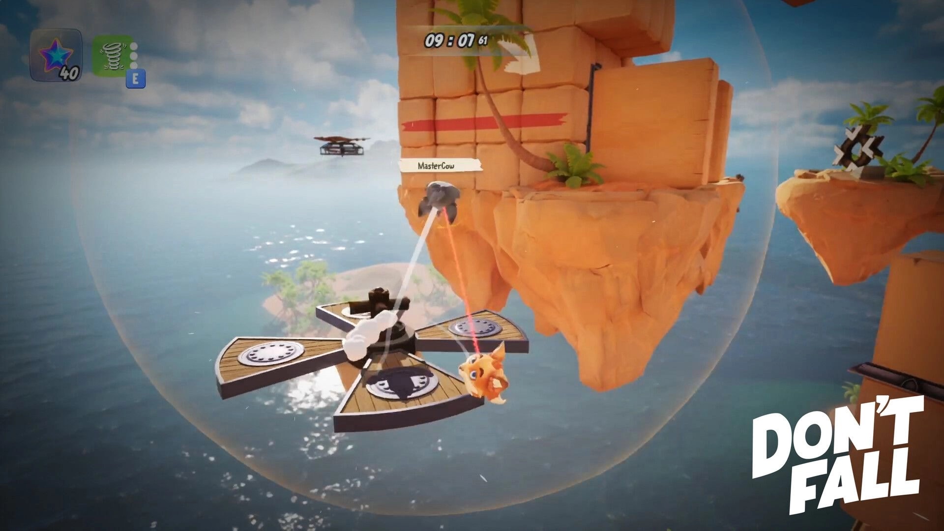 Don’t Fall: Player dangles by a tether over ocean, aiming for a floating cliff as timer counts down.