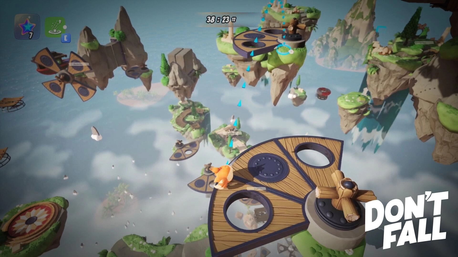 Don’t Fall: Fox character on spinning wooden platform above clouds with floating islands and timer UI.