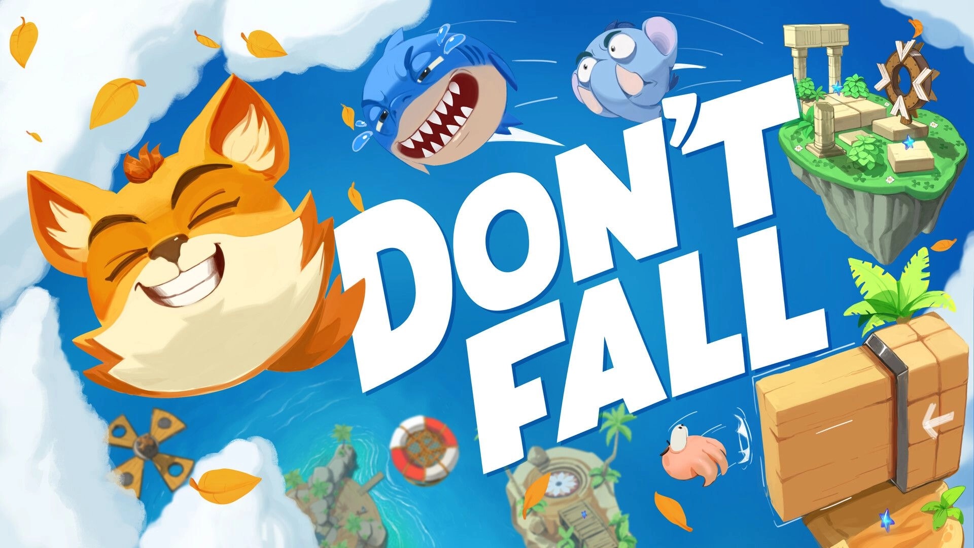 Don’t Fall: Title art with smiling fox, angry shark and floating islands over a blue ocean sky.