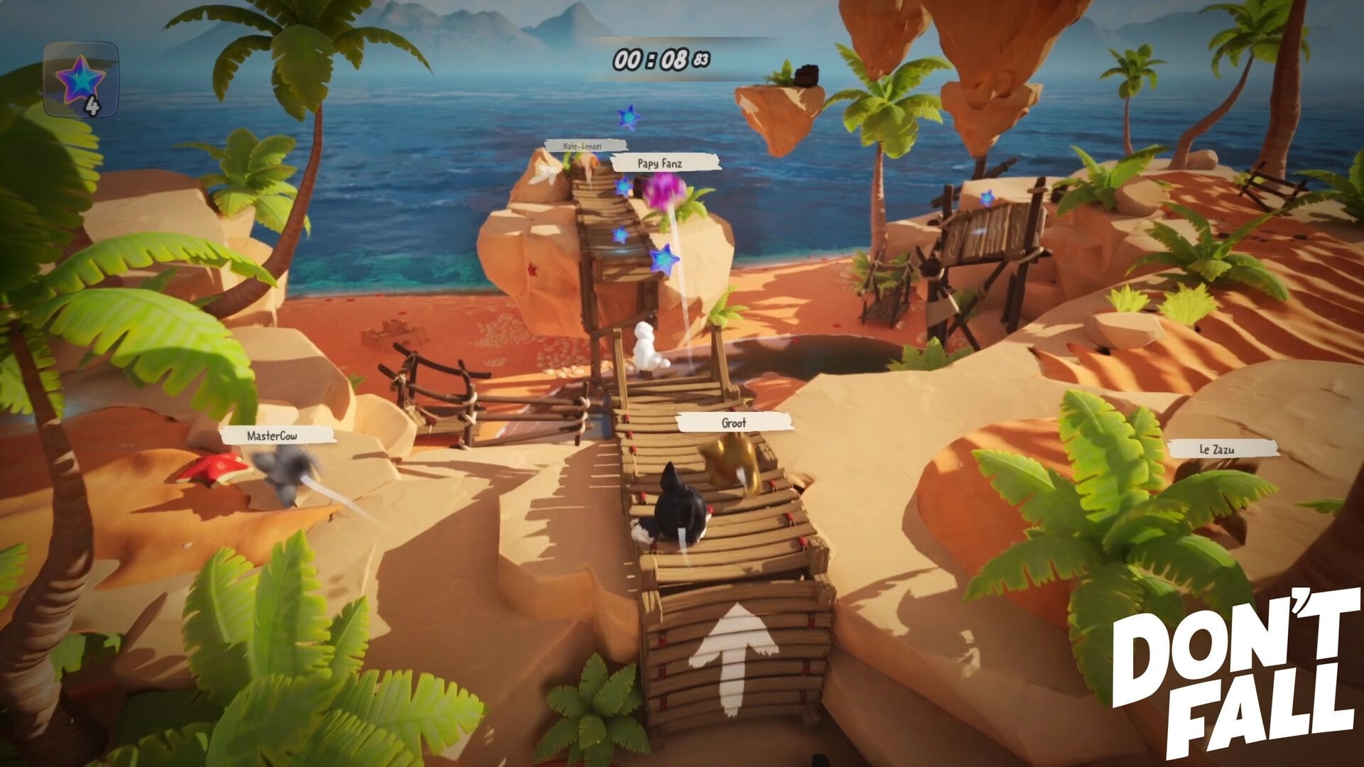 Don’t Fall: Players race across rope bridges collecting stars on a sunny tropical island over water.