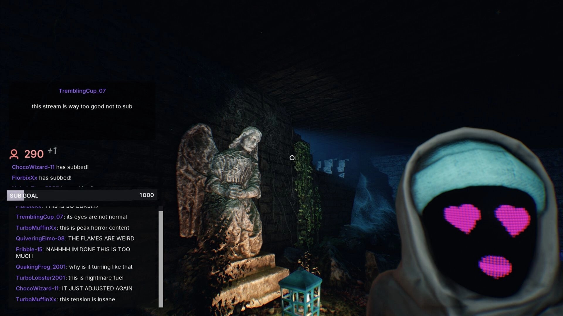 Don’t Go Live: Stream chat and sub goal UI beside a stone angel statue in a dark tunnel scene.