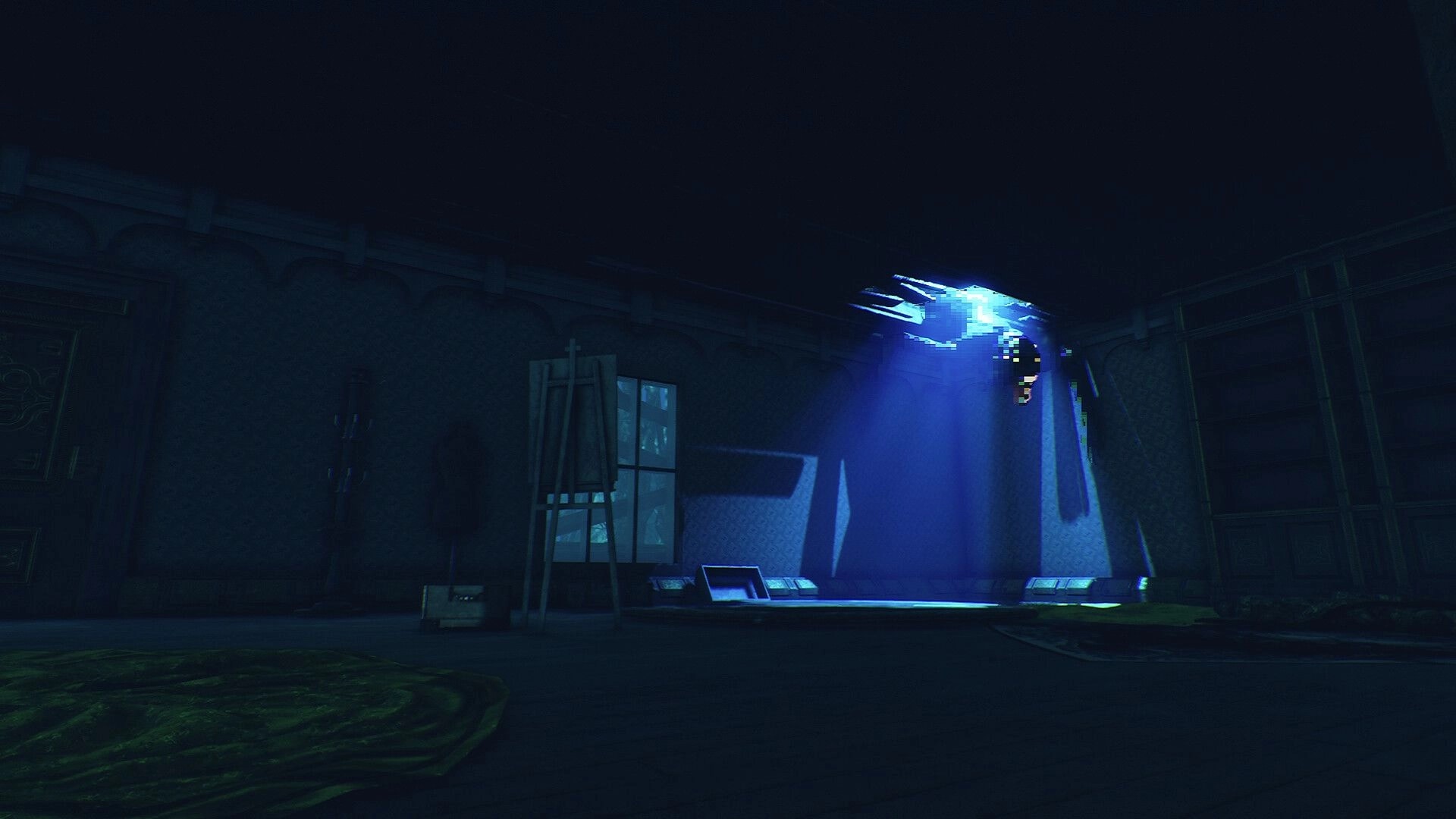 Don’t Go Live: Blue light pours through a broken ceiling into a dark room with boarded window and crates.