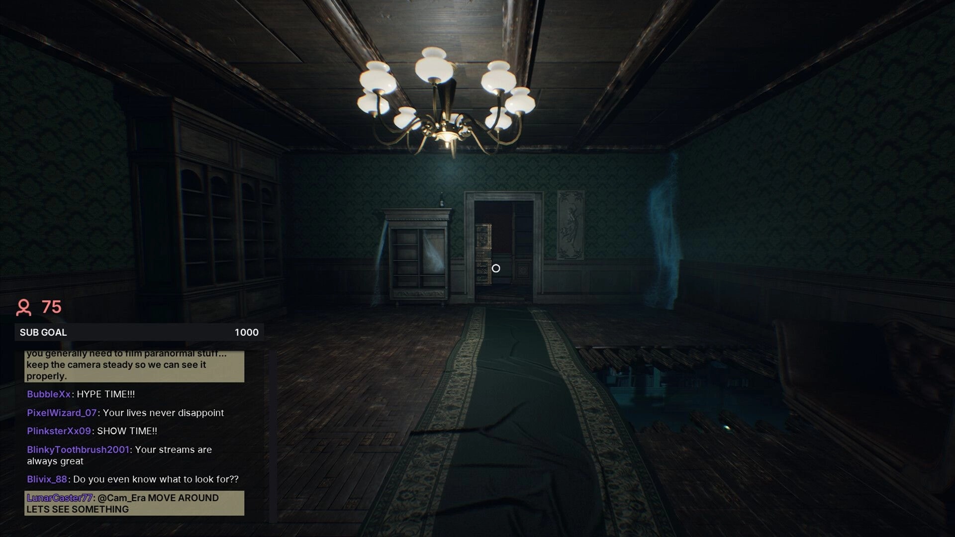 Don’t Go Live: First-person view of haunted hallway with ghostly figures, stream chat and sub goal UI.