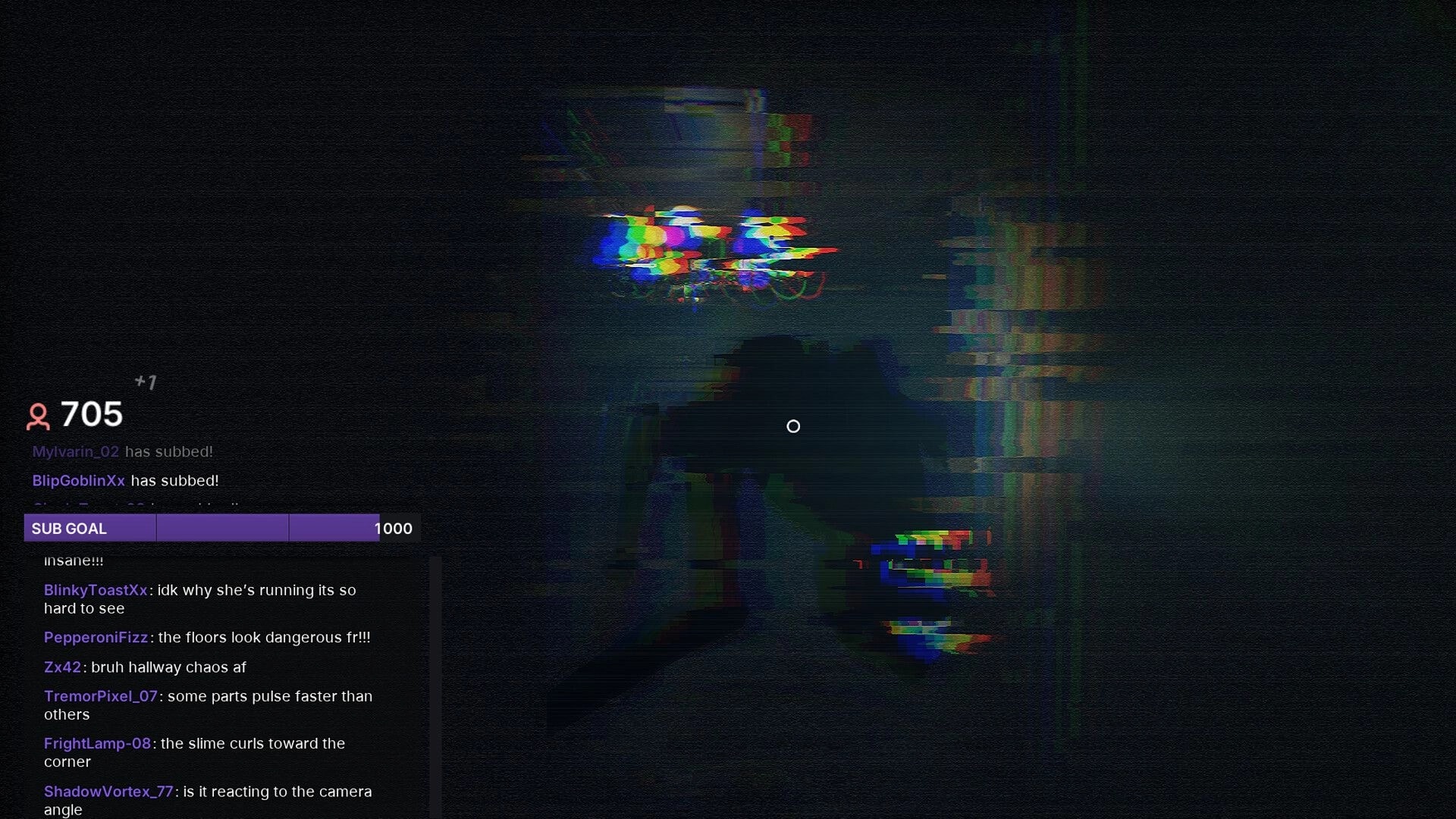 Don’t Go Live: Glitchy first-person view of a shadowy figure in a hallway with stream chat UI.