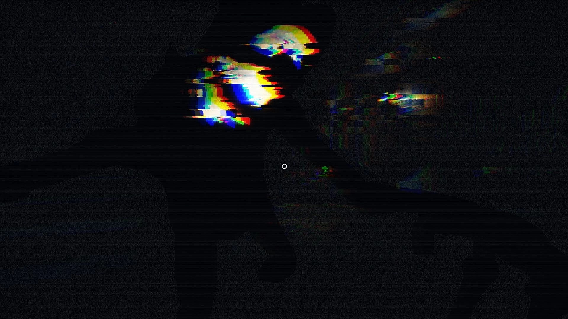 Don’t Go Live: Glitchy ghostly figure looms over player in dark room with crosshair centered.