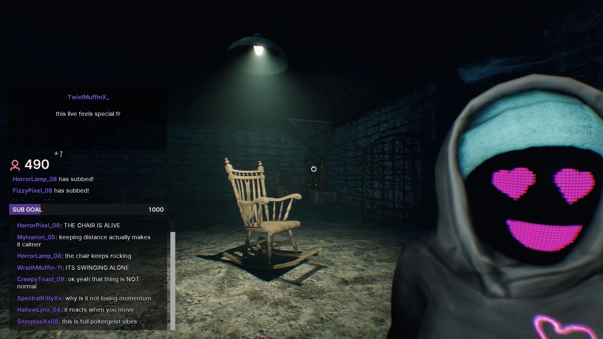 Don’t Go Live: Streaming HUD and chat overlay watching a rocking chair under a dim cellar lamp.