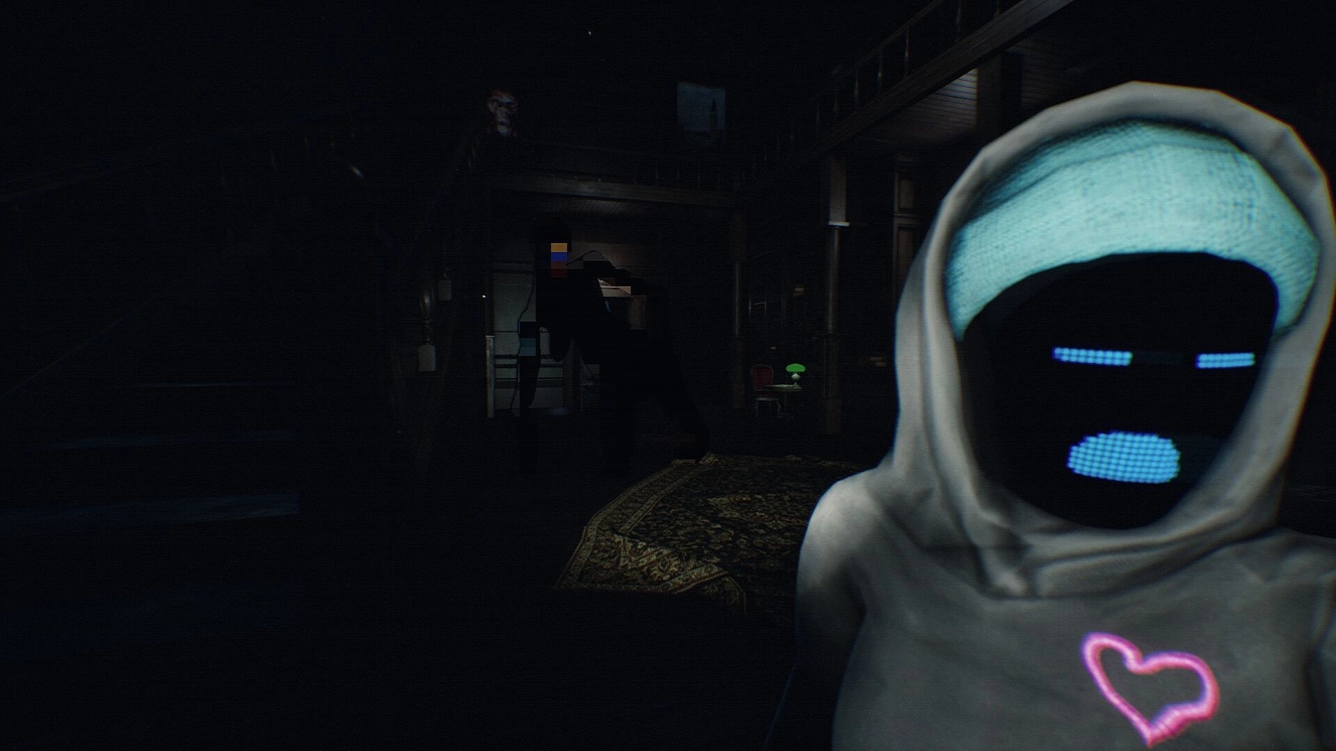 Don’t Go Live: Hooded figure with glowing LED face in a dark cluttered house interior hallway.