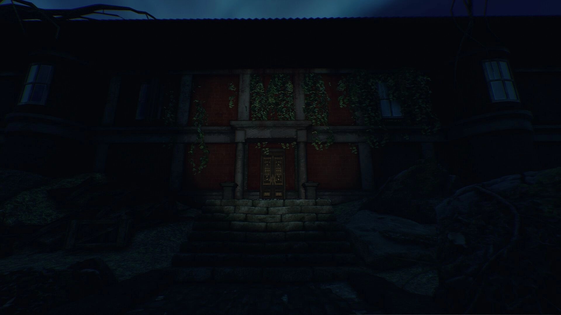 Don’t Go Live: Dark first-person view of ivy-covered mansion entrance with stone steps at night.