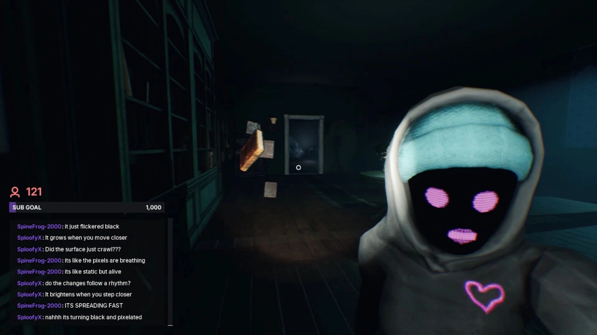 Don’t Go Live: Streamer UI chat and sub goal over dark hallway with floating debris and door ahead.