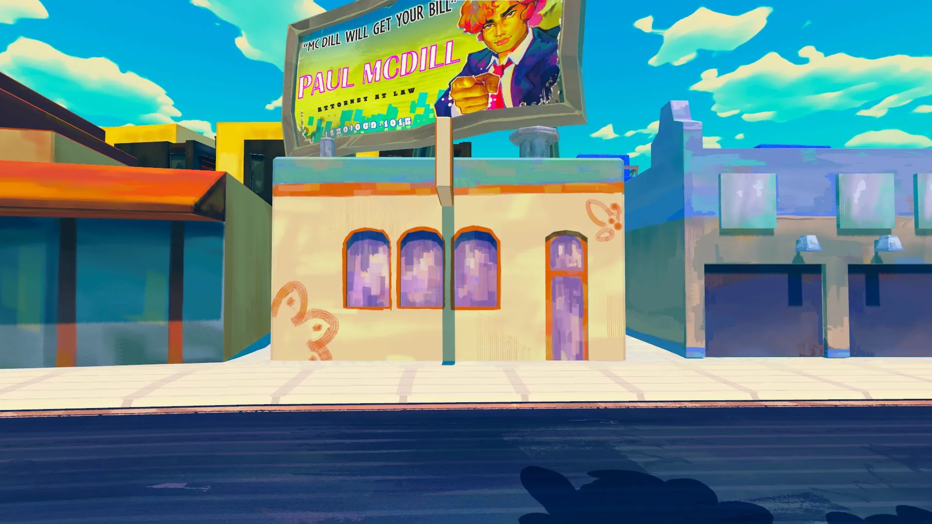 Donuts!: Street scene with billboard advertising lawyer Paul McDill above colorful buildings and sidewalk