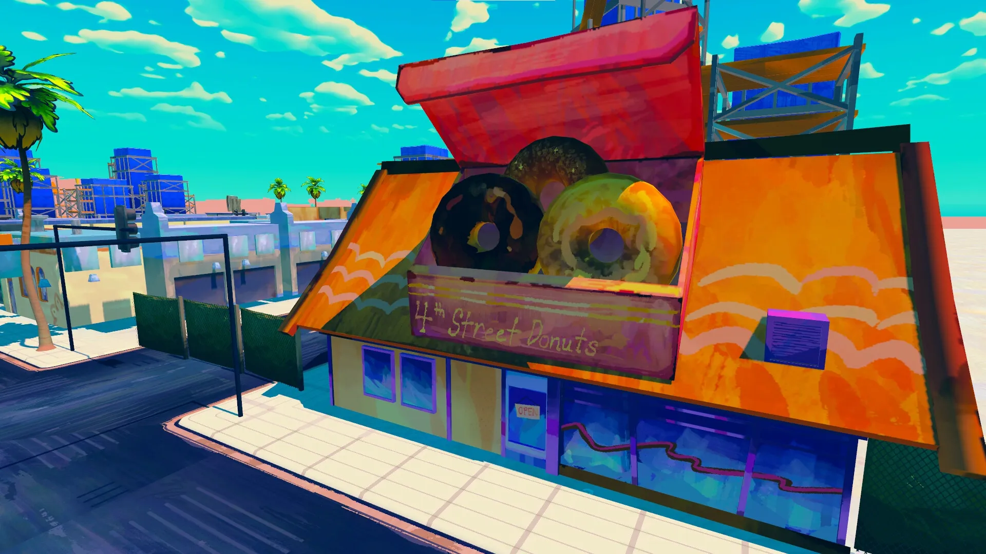 Donuts!: Colorful donut shop with a large donut sign under a bright blue sky in a vibrant urban setting.