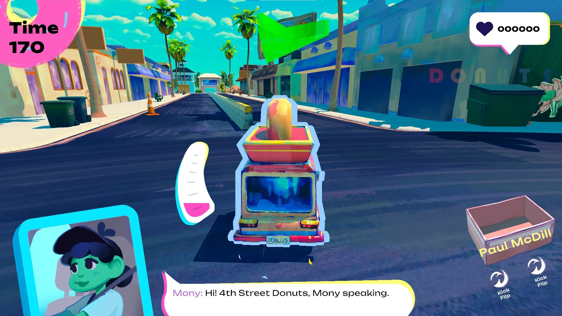 Donuts!: Driving a colorful van with giant donut, city street with timer and character dialogue UI.
