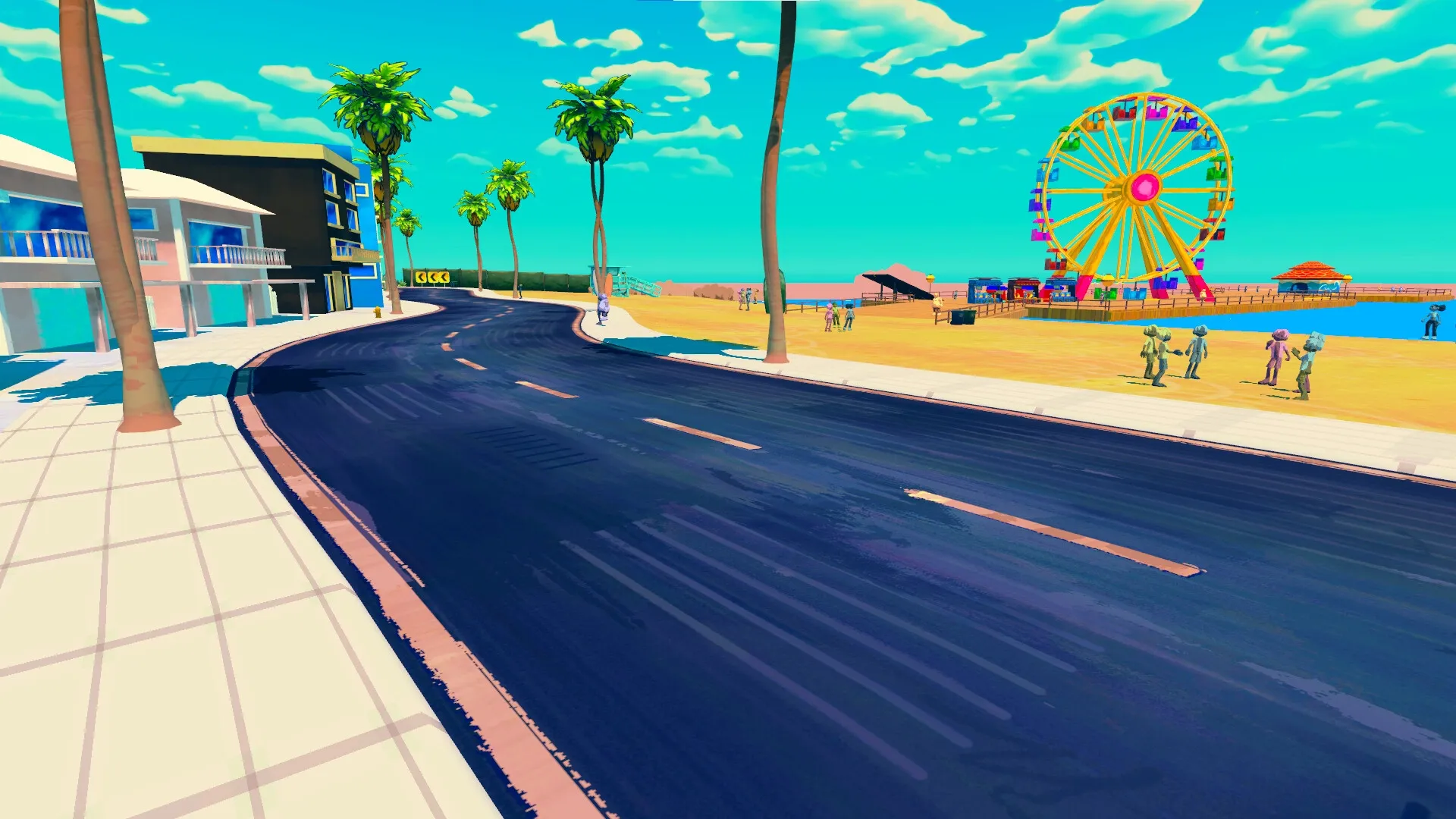Donuts!: Coastal road with palm trees, beachgoers, and a colorful ferris wheel in a vibrant seaside town
