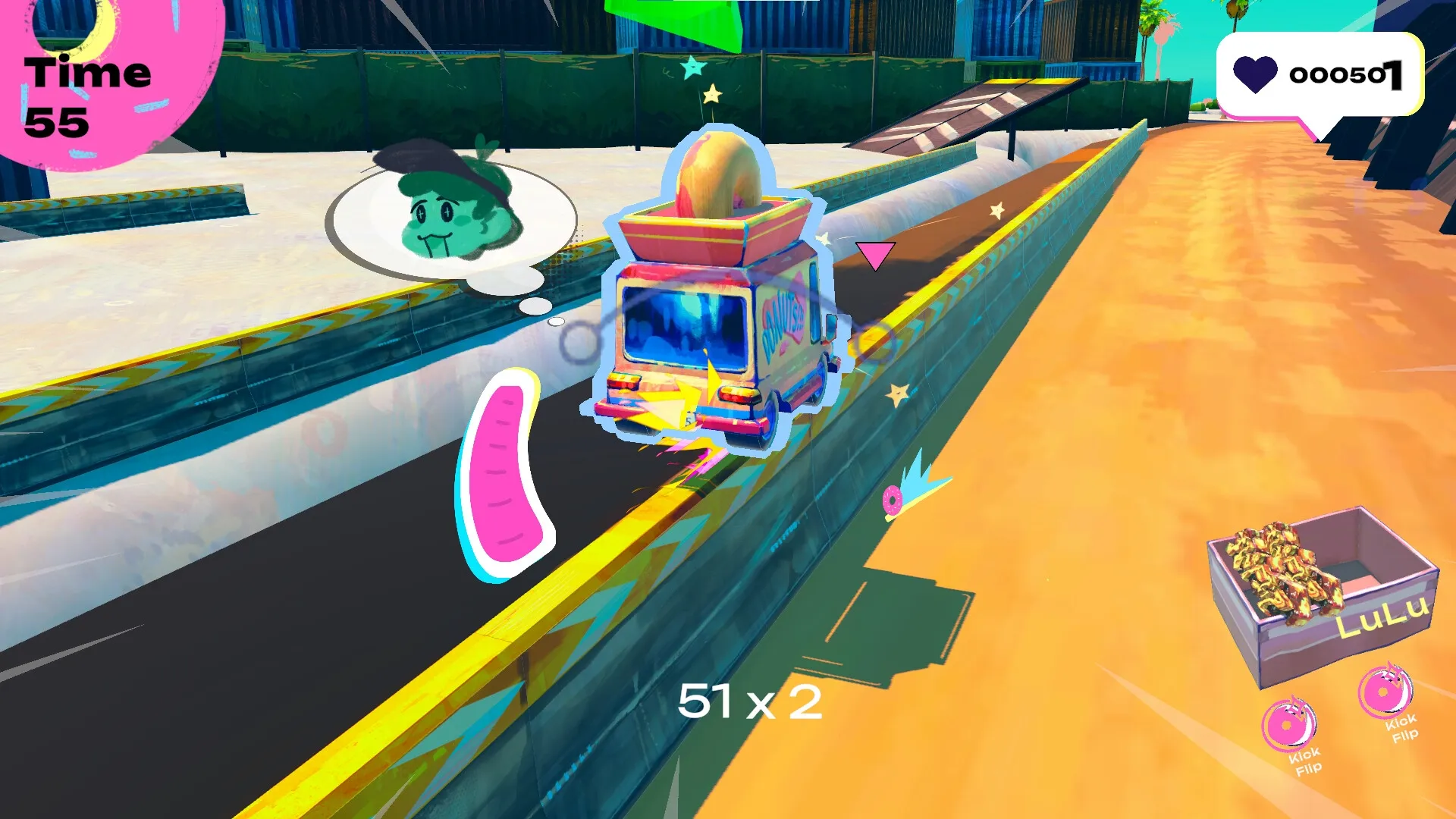 Donuts!: Colorful donut van performing stunts on a ramp with timer and score in urban environment.