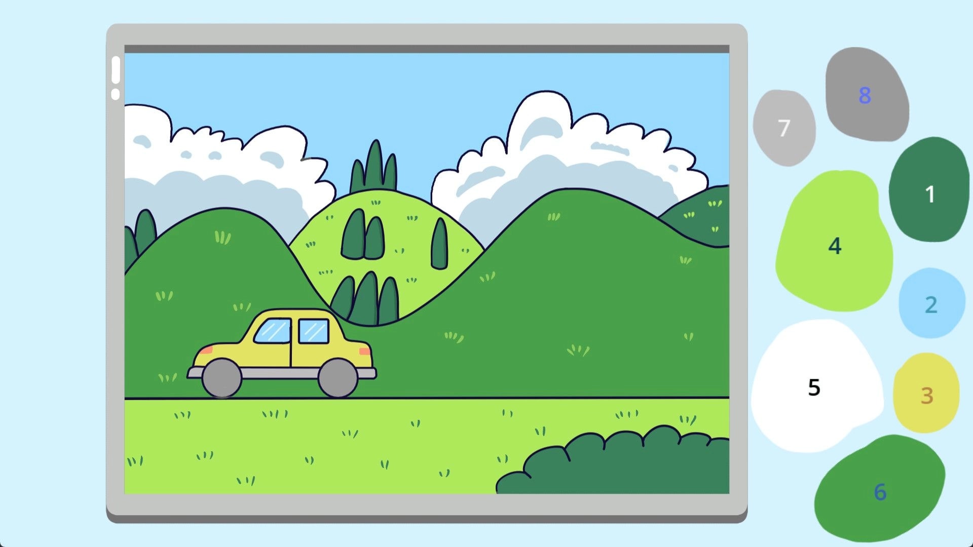 Dove Days: Yellow car driving through cartoon hills with color palette on right side of screen