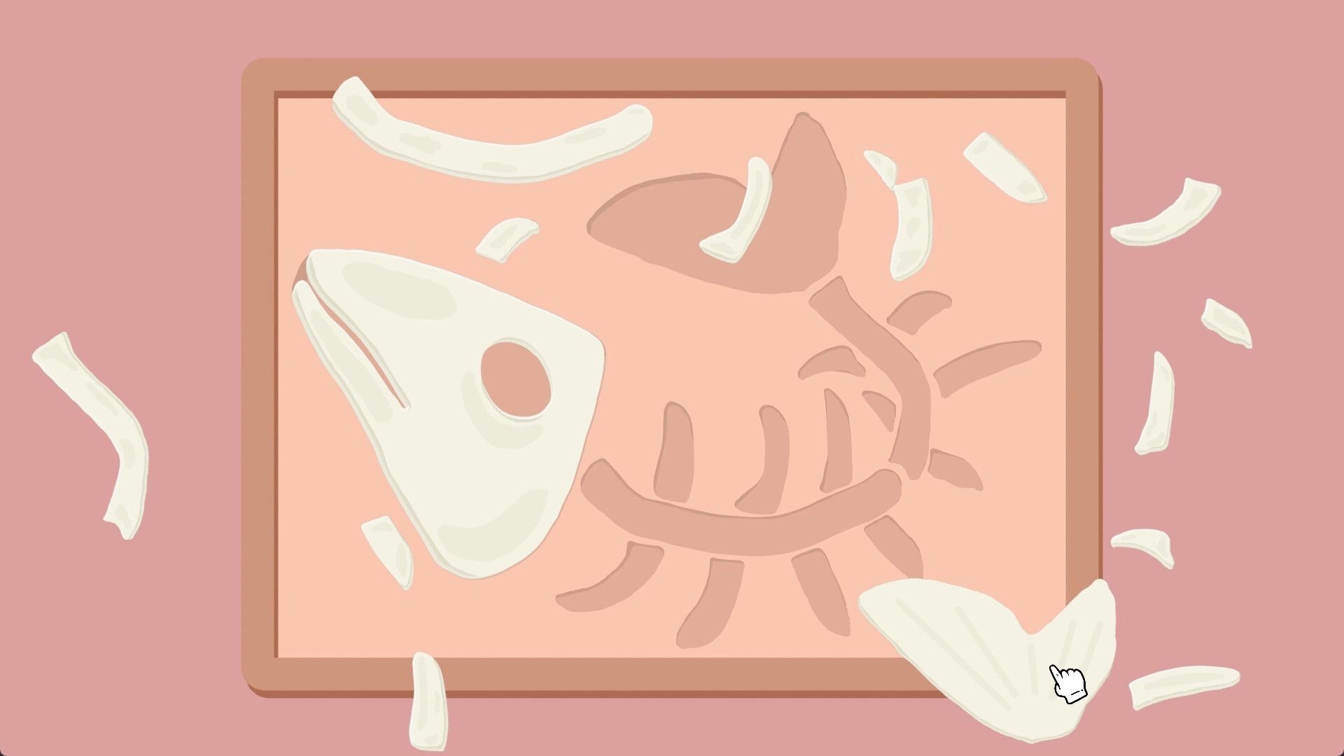 Dove Days: Assembling a fish skeleton puzzle on a pink board with scattered bone pieces