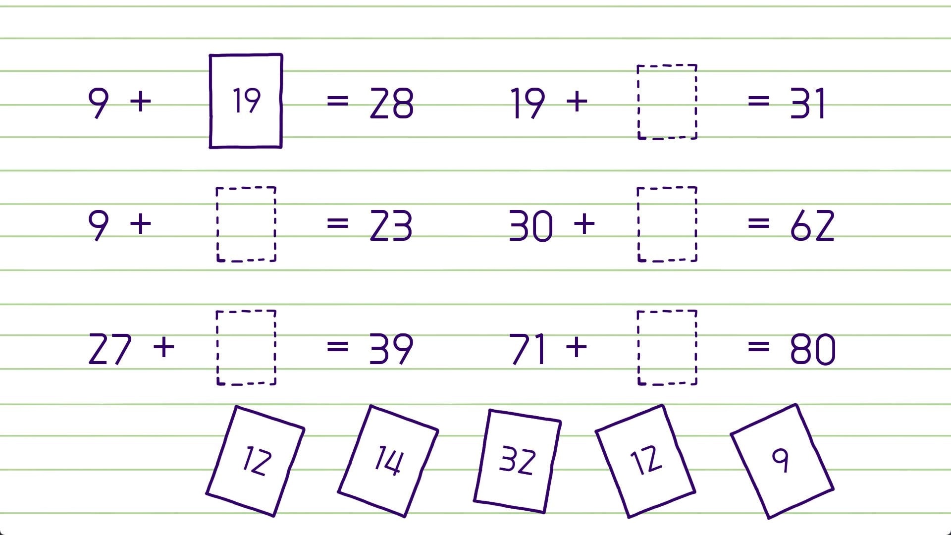 Dove Days: Solving math puzzles by placing numbered cards in empty boxes on lined paper background
