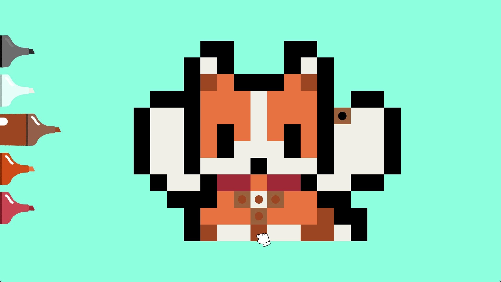 Dove Days: Pixel art fox coloring puzzle with color palette and selection cursor on mint background