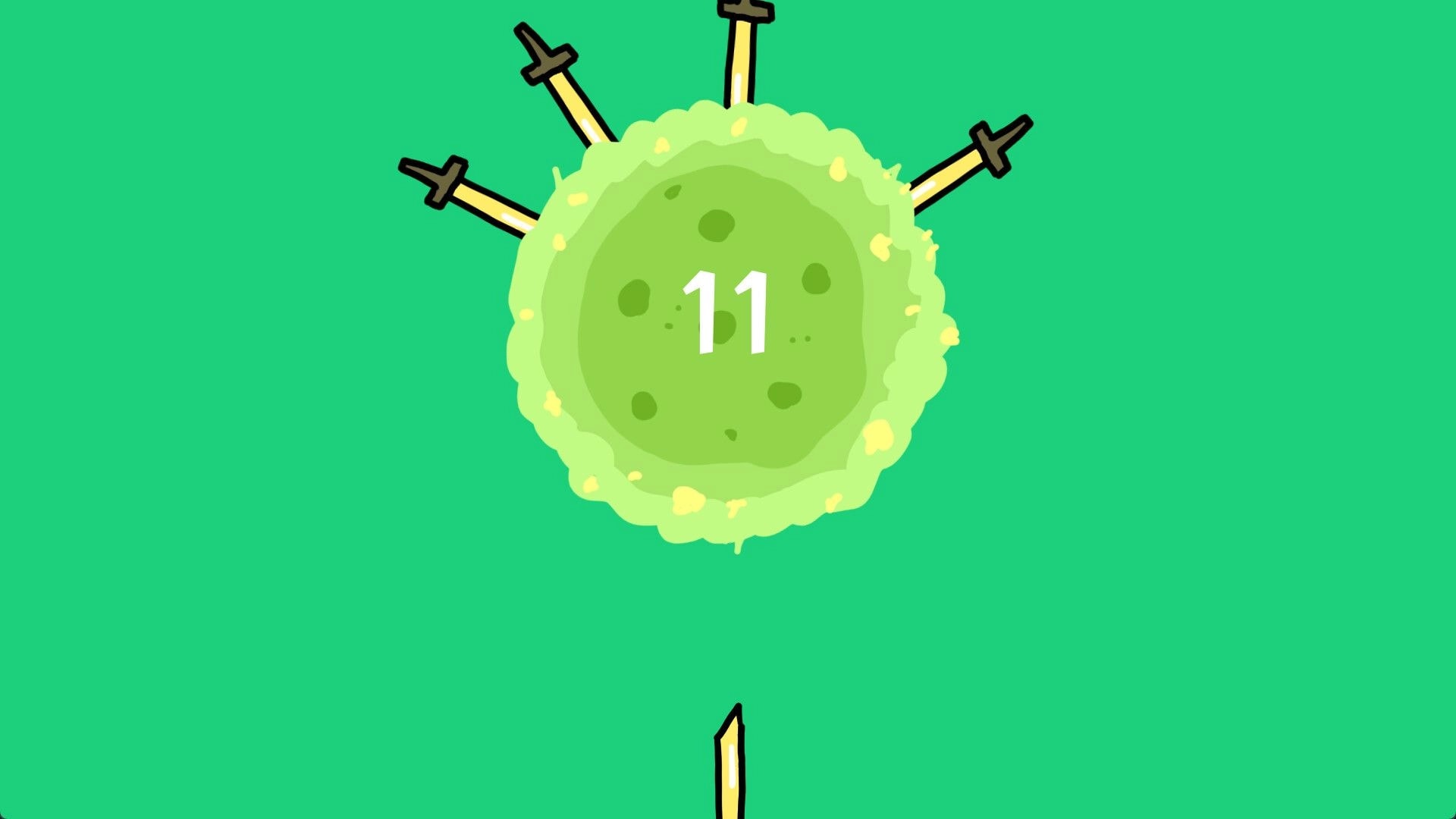 Dove Days: Circular green target with the number 11 and multiple swords embedded against a plain background