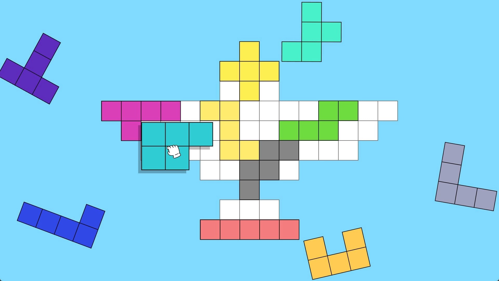 Dove Days: Arranging colorful Tetris-like blocks into a dove shape on a bright blue background