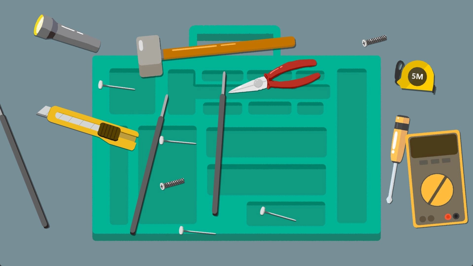 Dove Days: Assorted tools and screws scattered on a green work mat in a puzzle-solving interface