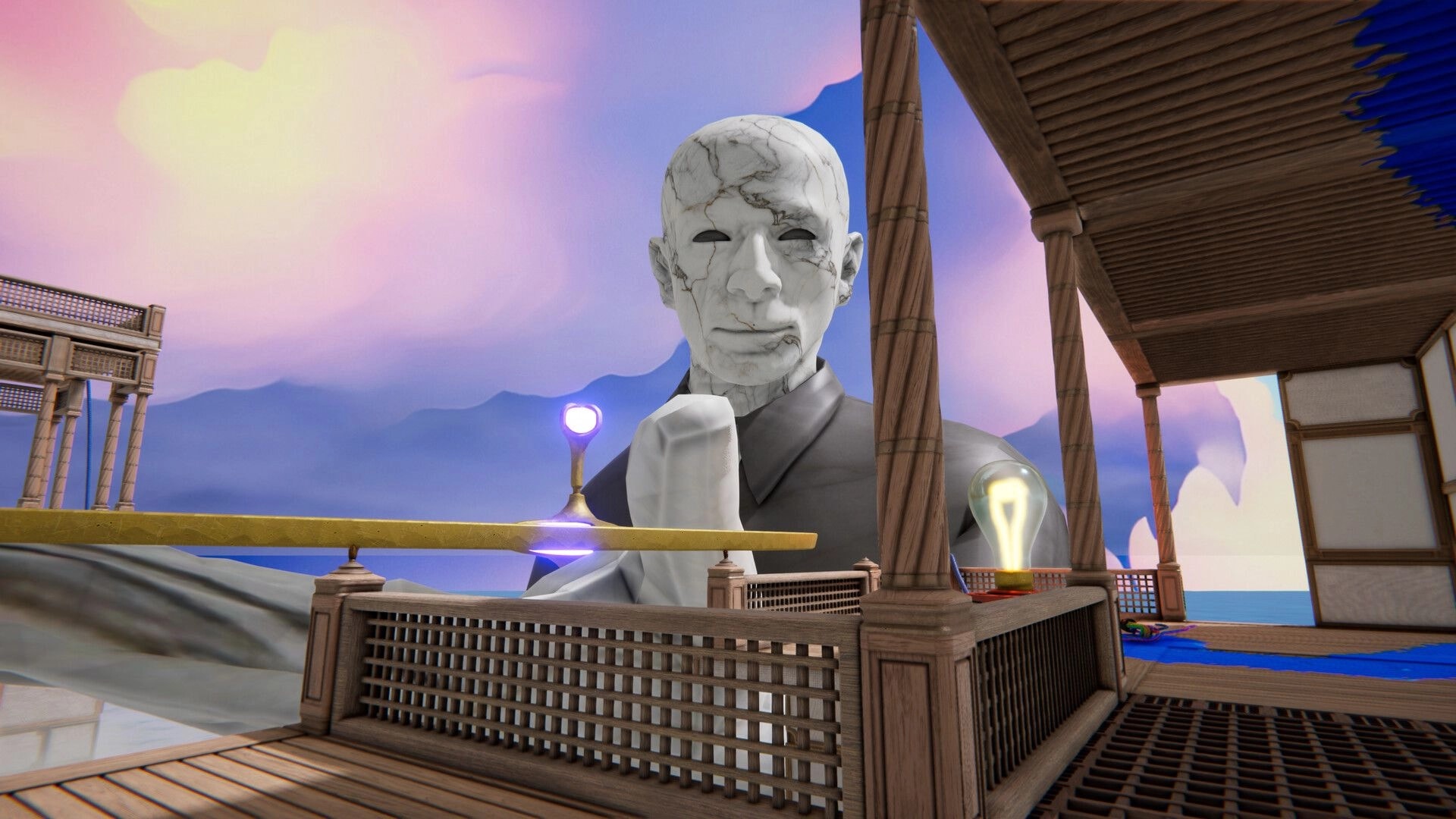Dreampainters: Marble statue head looms over wooden balcony with glowing bulb and purple orb at sunset.