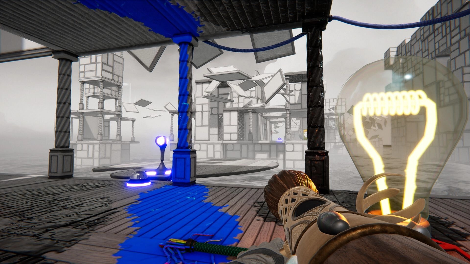 Dreampainters: First-person paintbrush painting a blue path through a sketchy floating cityscape puzzle area.