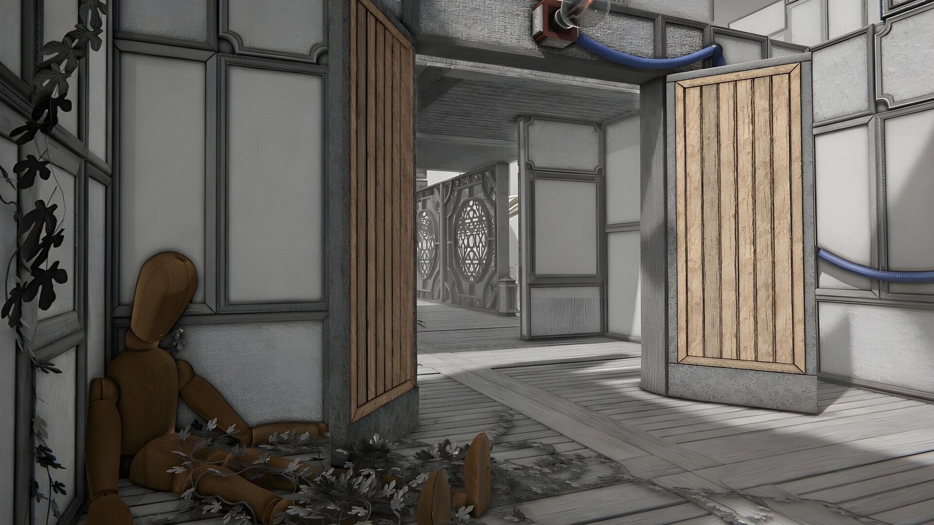 Dreampainters: Open wooden doors reveal a grayscale corridor with a fallen mannequin in a corner.