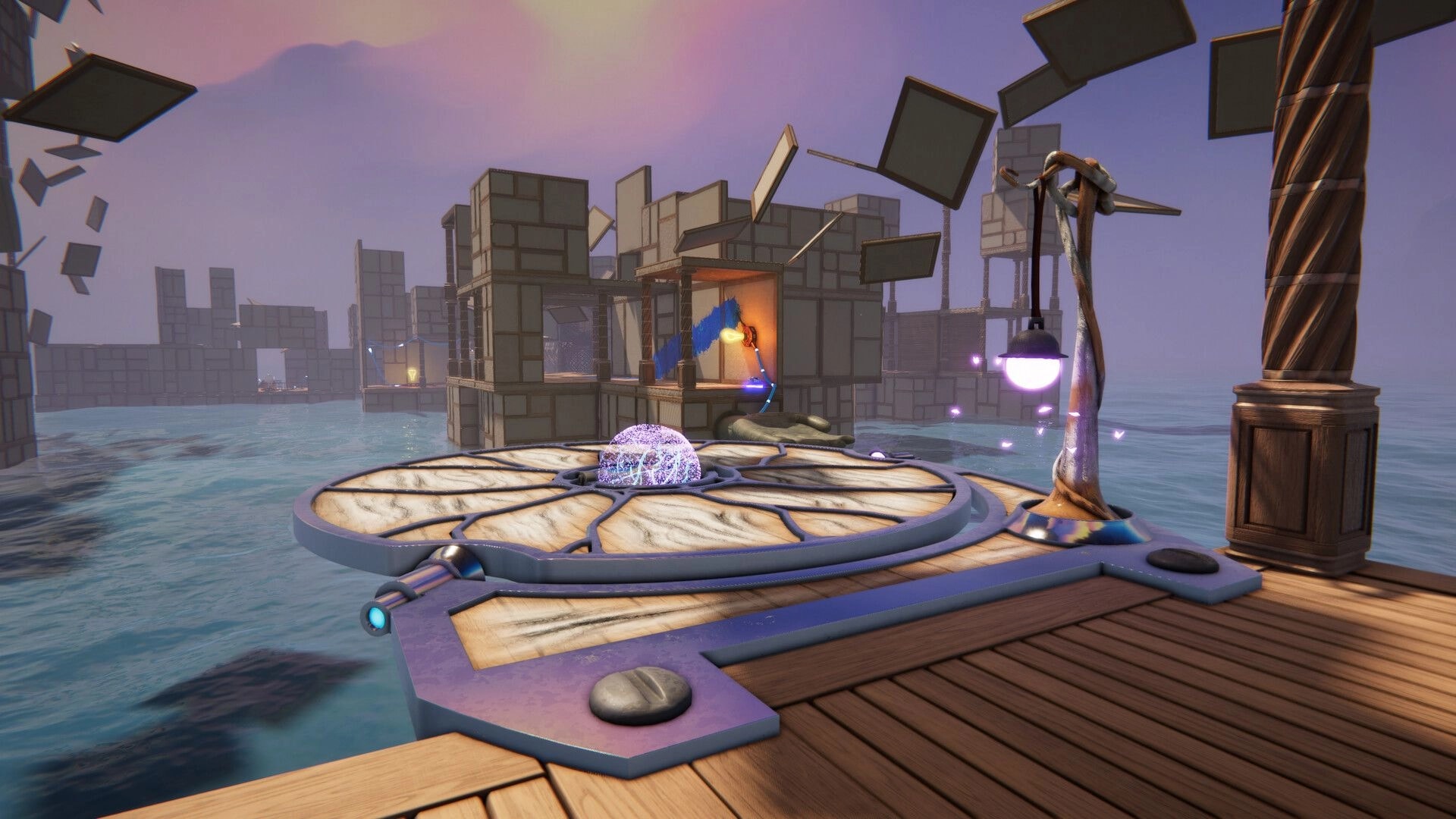 Dreampainters: Glowing orb on a circular platform by water amid floating blocks and purple lights at dusk.