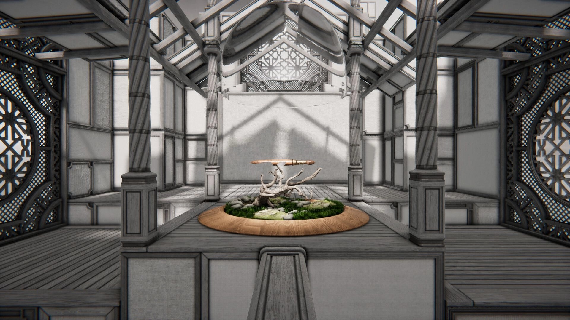 Dreampainters: Paintbrush hovering above a bonsai display in a grayscale wooden pavilion room.