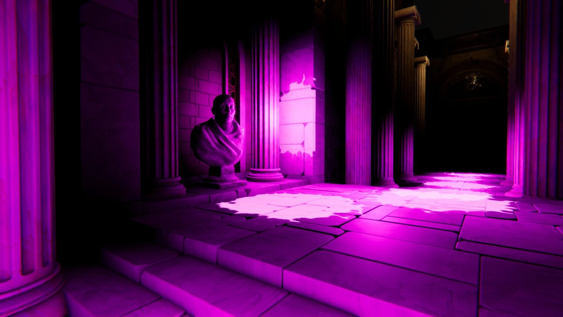 Dreampainters: Purple paint floods a columned stone hall with a marble bust and shadowy archway ahead.