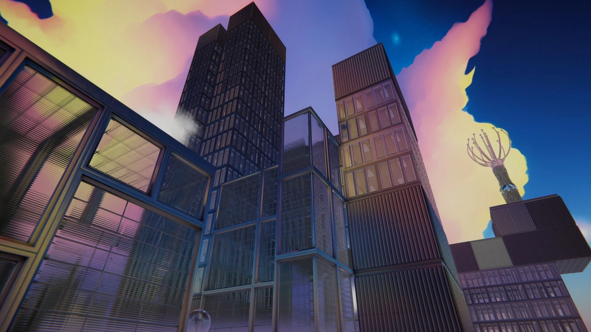 Dreampainters: Looking up at stacked glass-and-metal skyscrapers under a pastel, cloud-filled sky.
