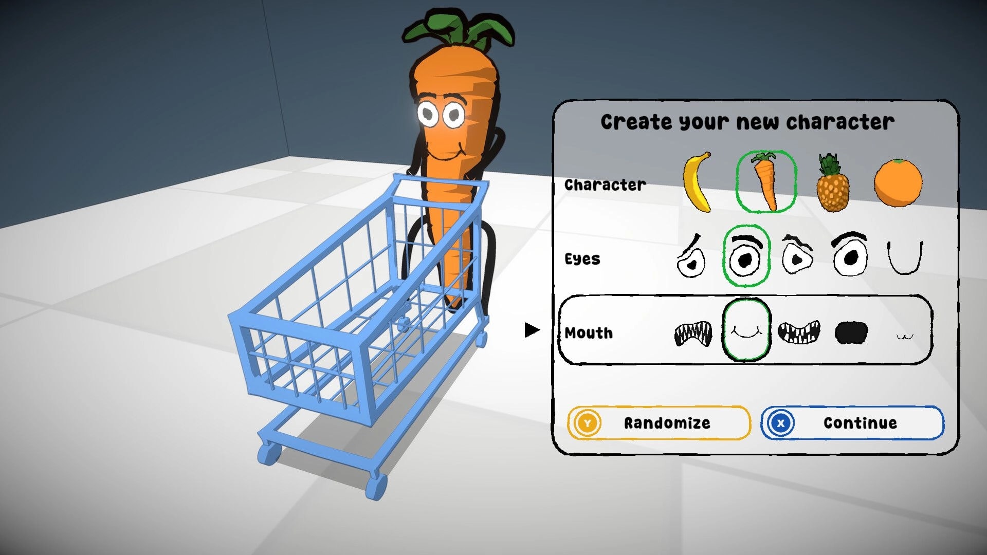 Drift Market: Character creation menu with carrot selected beside a blue shopping cart in white room.