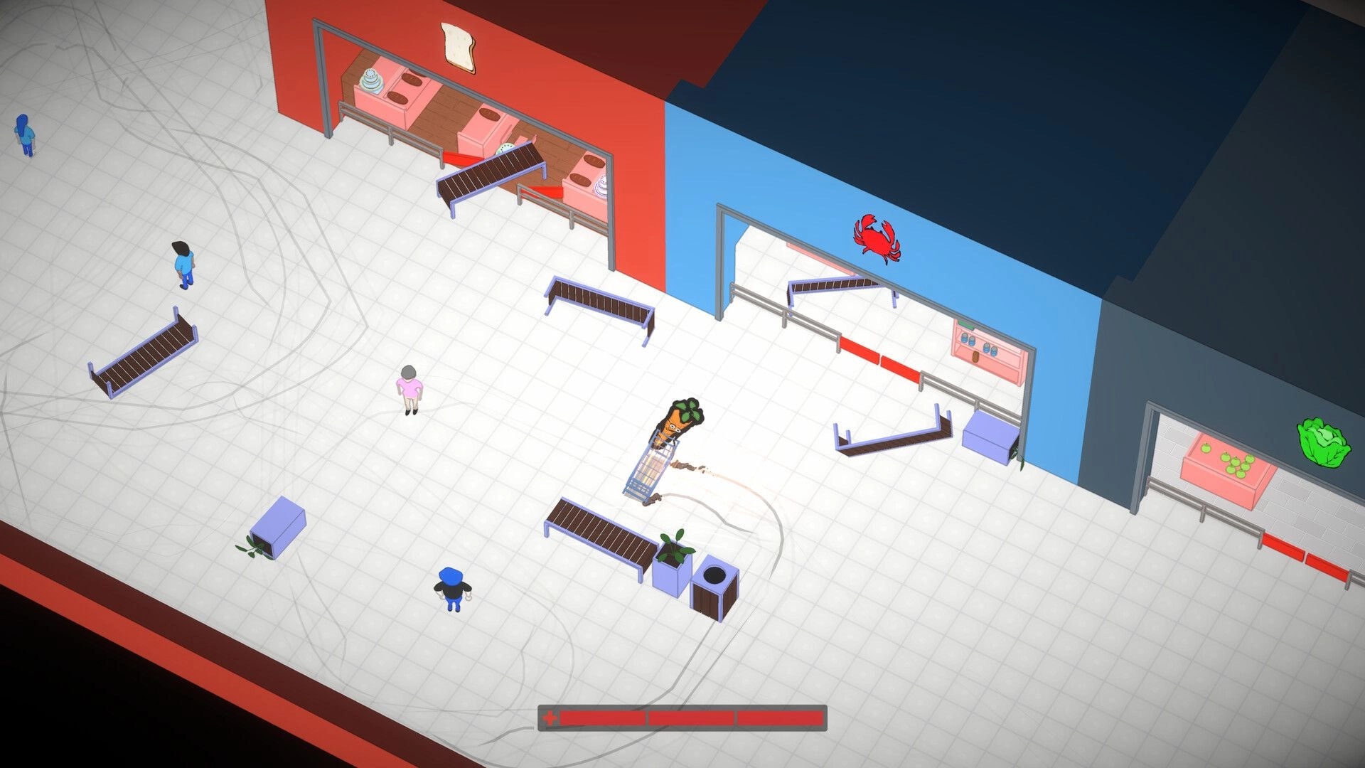 Drift Market: Carrot mutant drifting a shopping cart through mall corridor with benches and health bar UI.