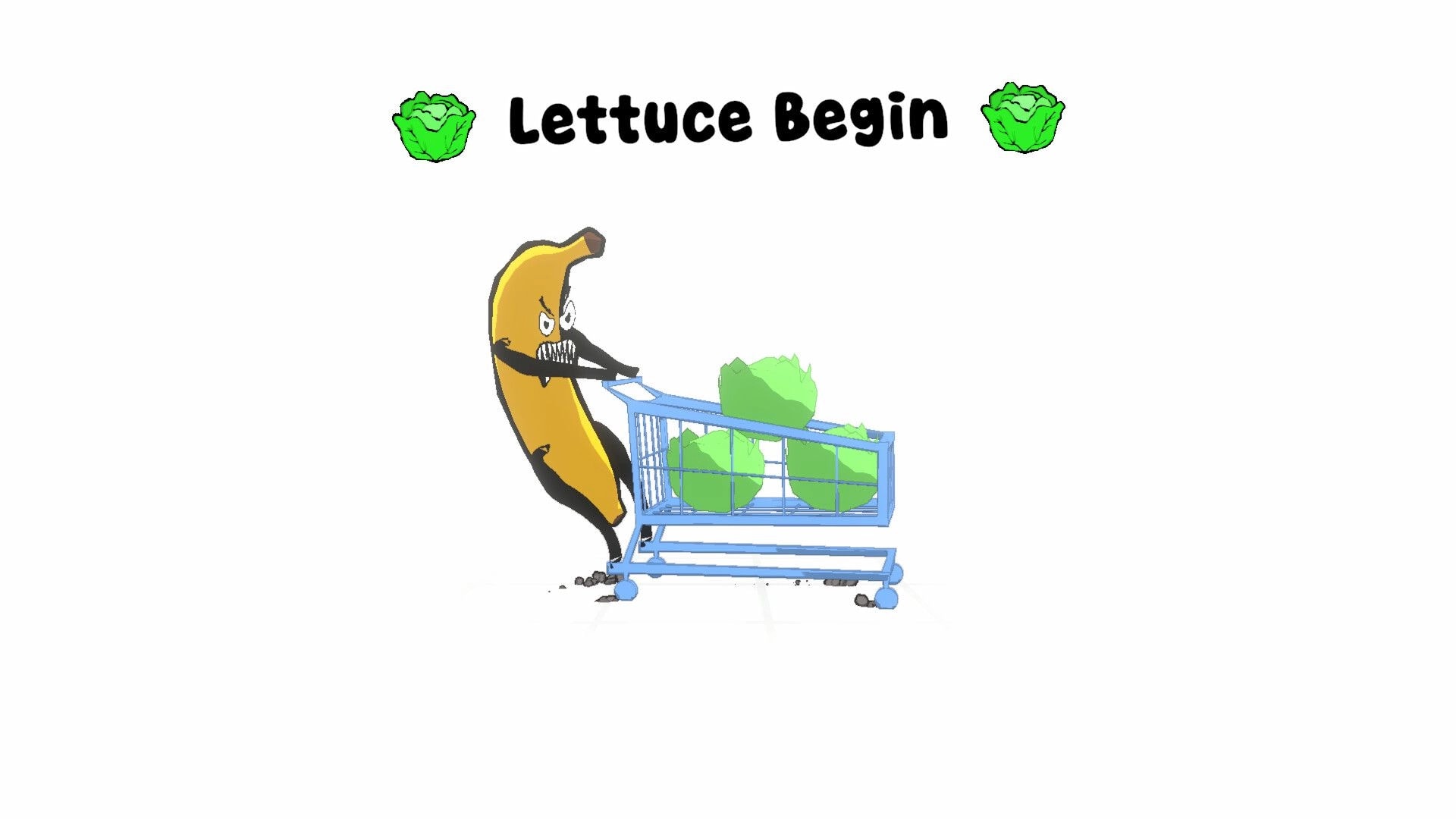 Drift Market: Loading screen with angry banana pushing a cart of lettuces on white background.