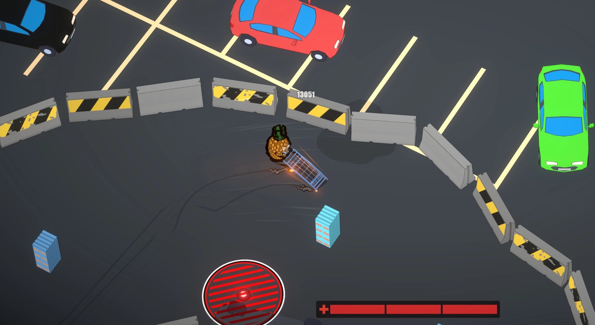 Drift Market: Pineapple mutant drifts a trolley in a parking lot arena, health bar and score visible.