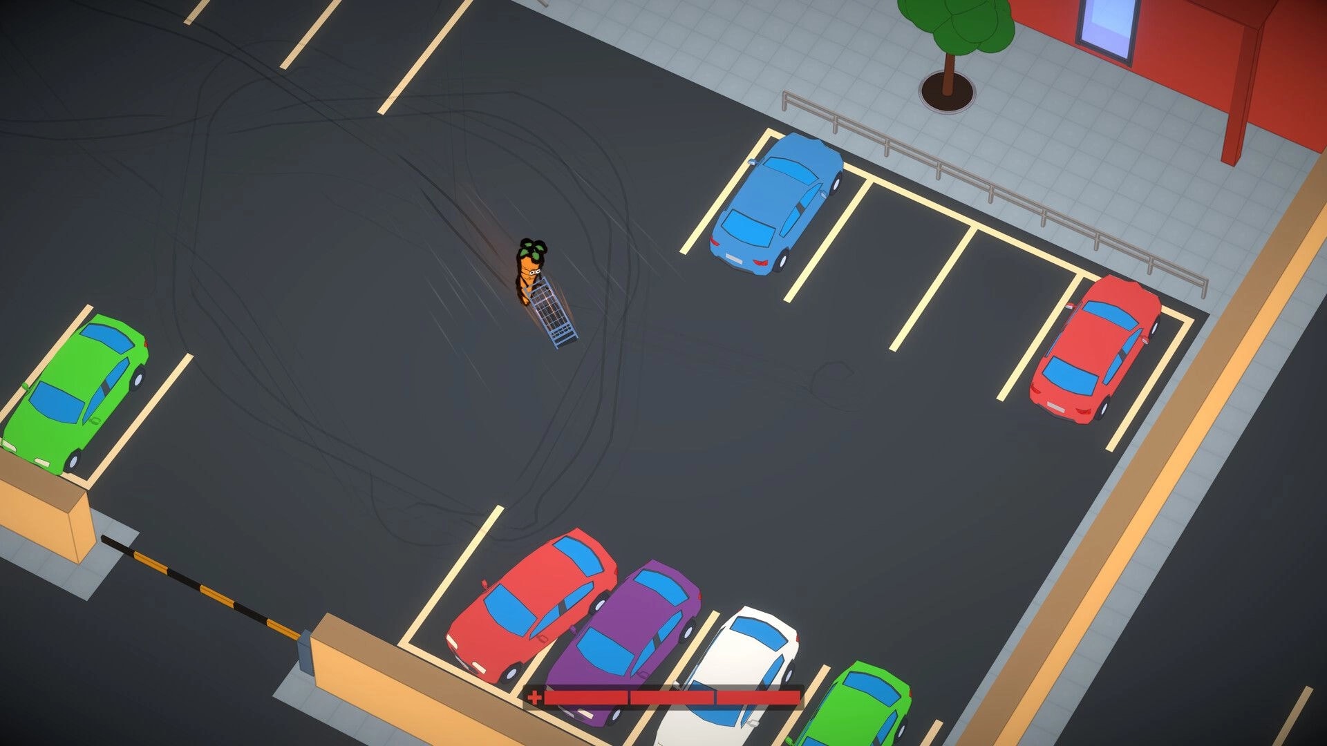 Drift Market: Mutant carrot drifting a shopping cart through a parking lot with skid marks and cars.