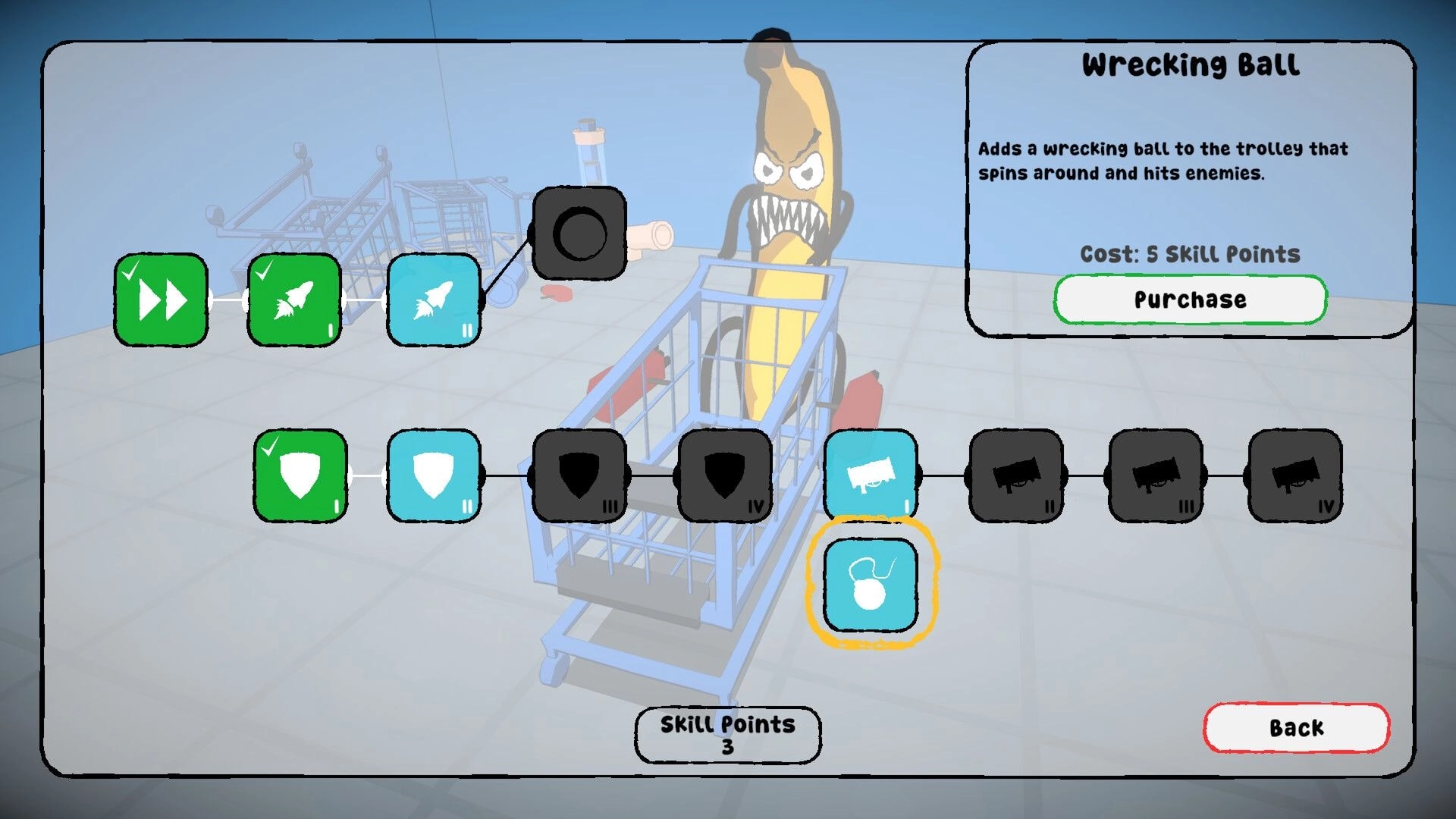 Drift Market: Skill upgrade menu over shopping cart, Wrecking Ball purchase panel and skill nodes in store.