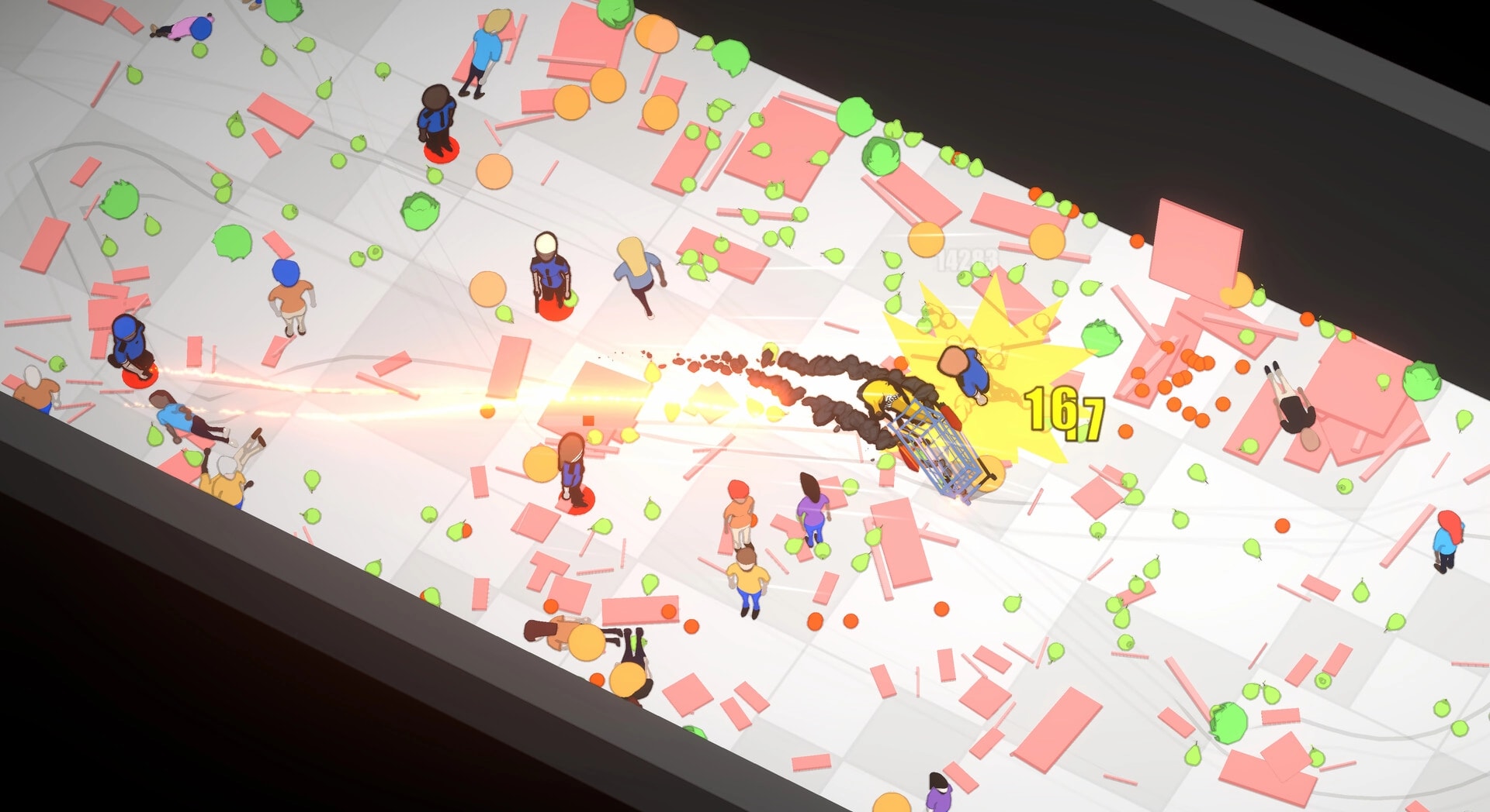 Drift Market: Shopping cart rams shoppers with 167 damage burst in wrecked supermarket aisle debris.