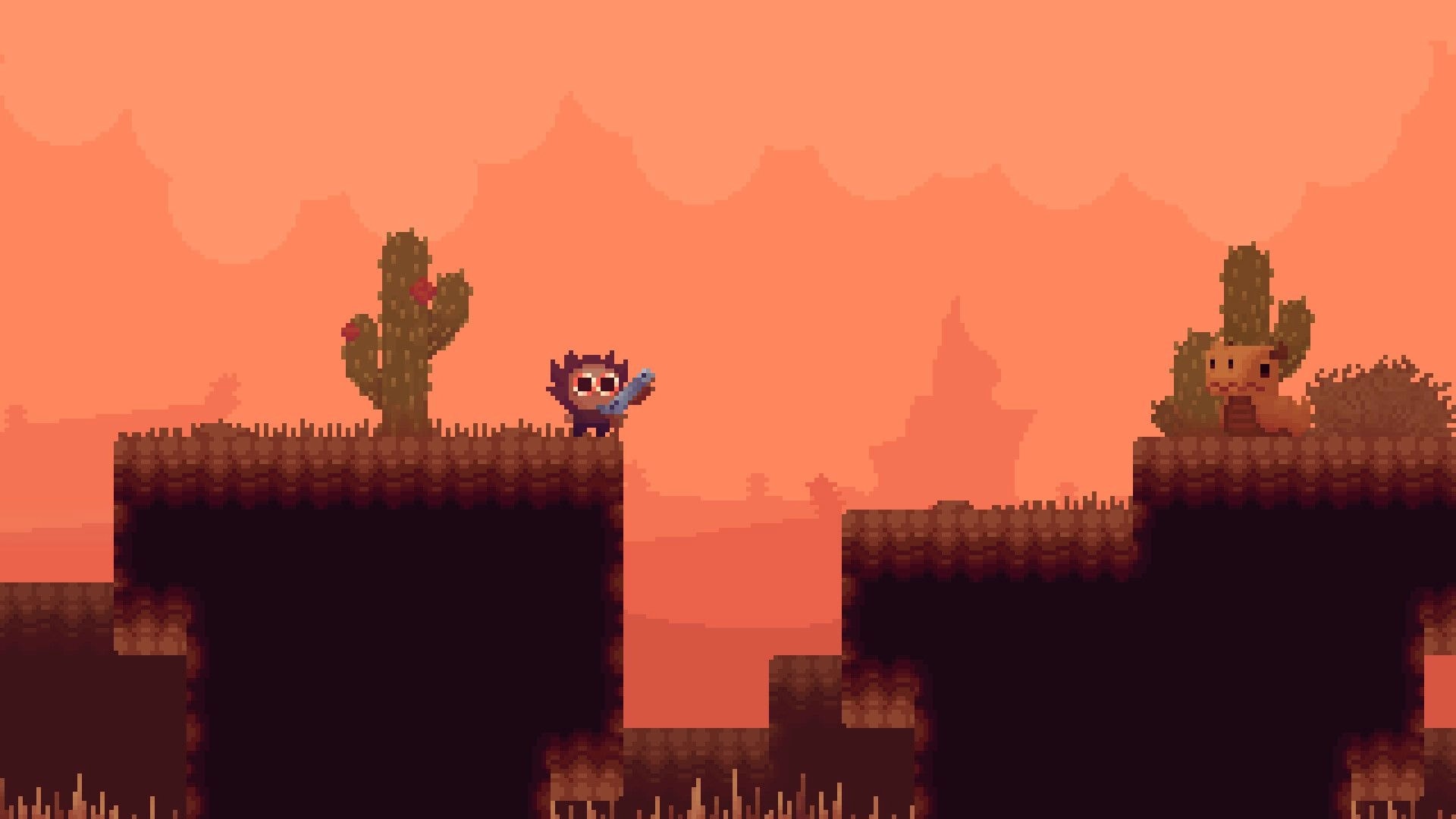 Dry Sea: Pixel hero aims a shotgun across a canyon at a cactus foe in a pink desert sky.
