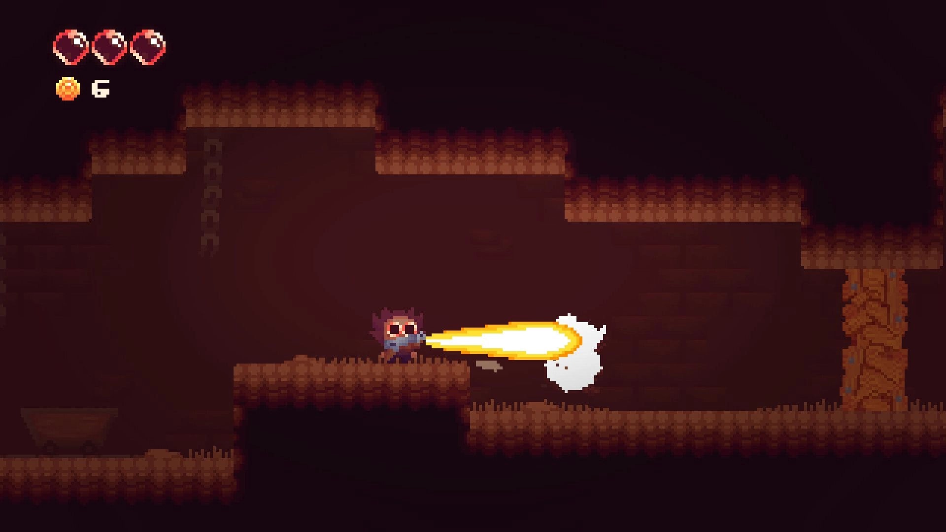 Dry Sea: Pixel hero firing a shotgun blast in a dark cave corridor with hearts and coin counter UI.