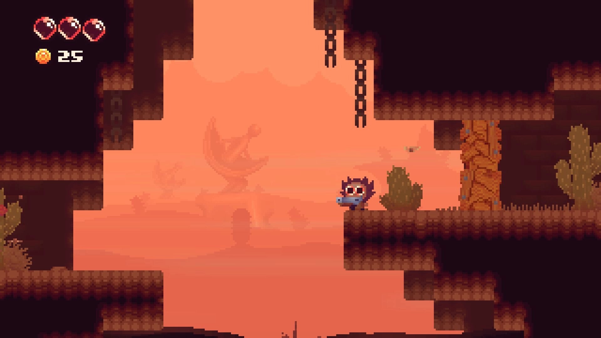 Dry Sea: Masked character aims a shotgun in a desert cave, with three hearts and 25 coins UI.