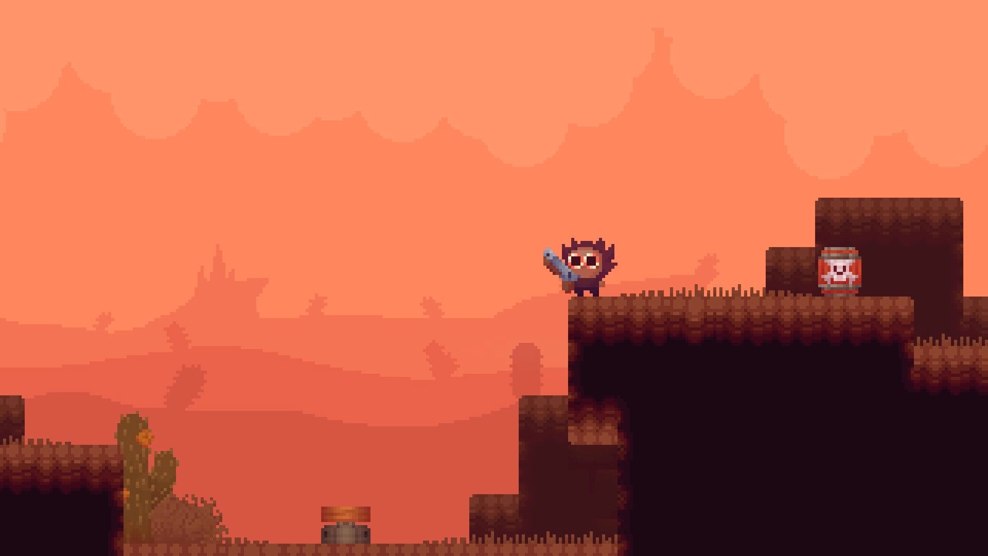 Dry Sea: Pixel hero aims shotgun on cliff ledge beside skull-marked barrel in orange desert canyon.