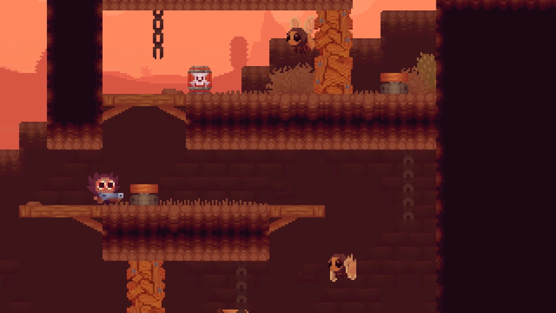 Dry Sea: Pixel hero aims a shotgun on rocky ledges with hanging chains, barrels, and a flying foe.