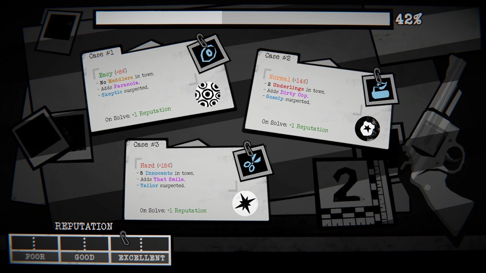 Dupery: Case selection board with three case cards and reputation meter on a cluttered desk UI.