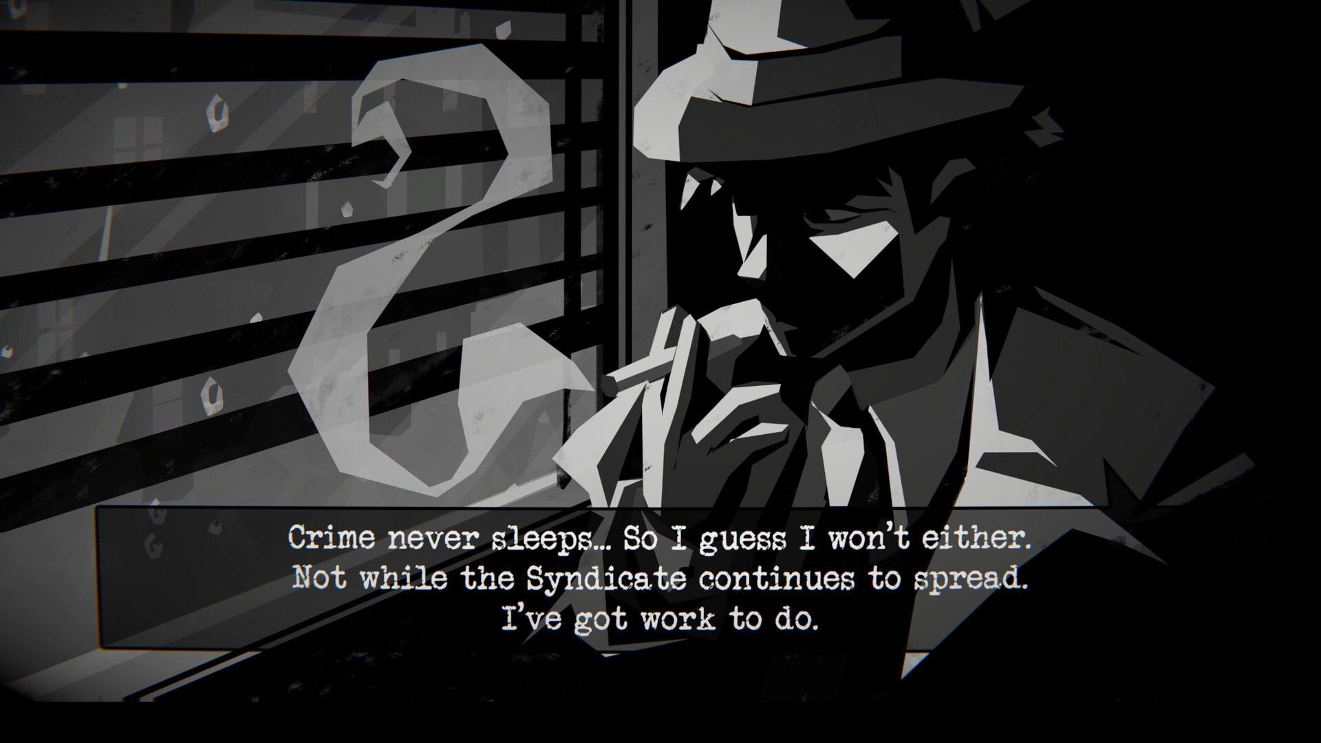 Dupery: Noir detective lights a cigarette beside window blinds as dialogue text fills the screen.