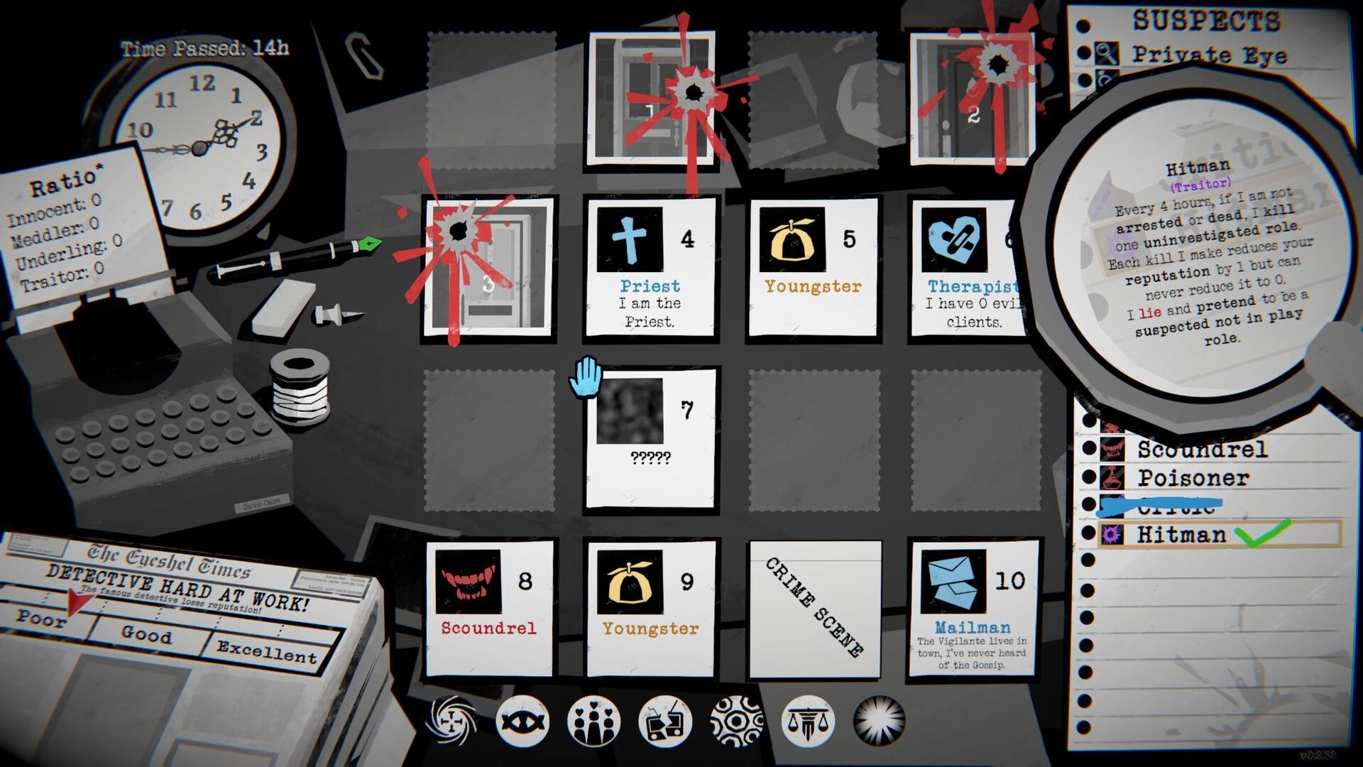 Dupery: Suspect board with role cards and bullet-marked photos on a detective desk interface.