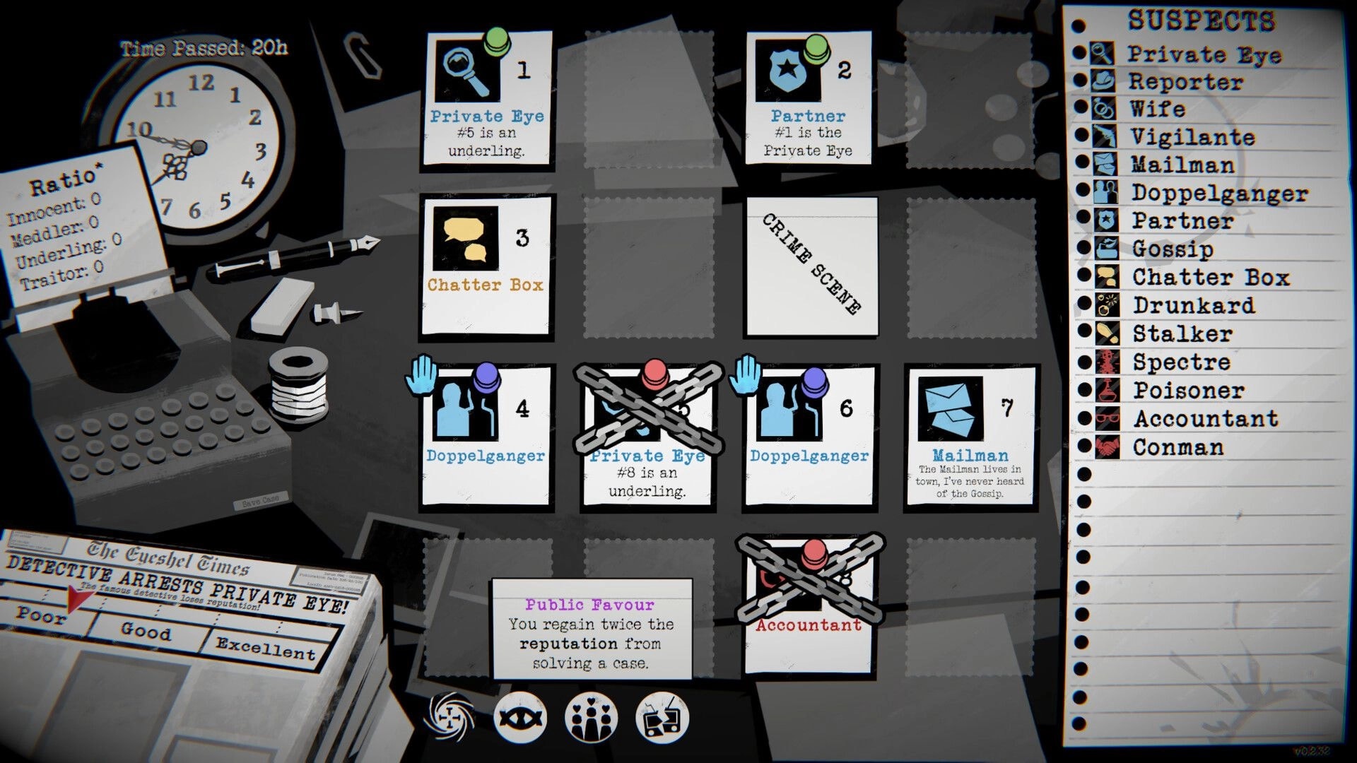 Dupery: Case board with suspect cards, crime scene slot and suspect list on a detective desk UI.